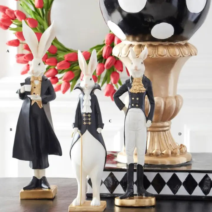 18.25" Royal Resin Black White & Gold Easter Bunny W/Teacup Display