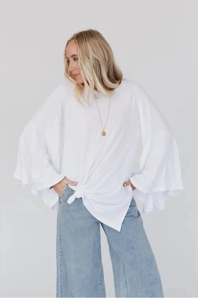 Bell Sleeve Baseball Tee - White Casual