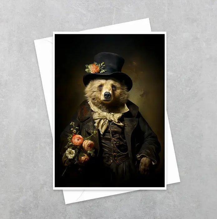 Charming Gentleman Bear with Pink Flowers Greeting Card 5AS