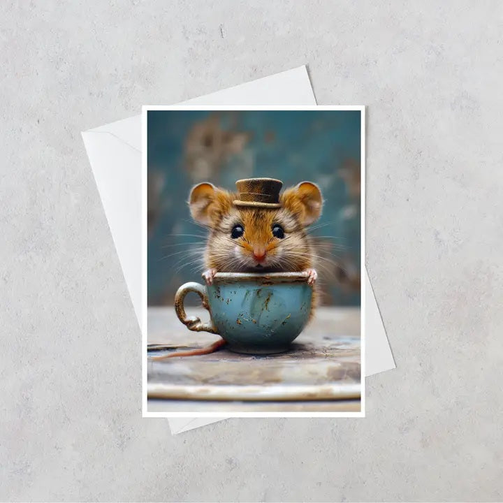 Mouse in Aqua Vintage China Tea Cup Blank Card 107AS 