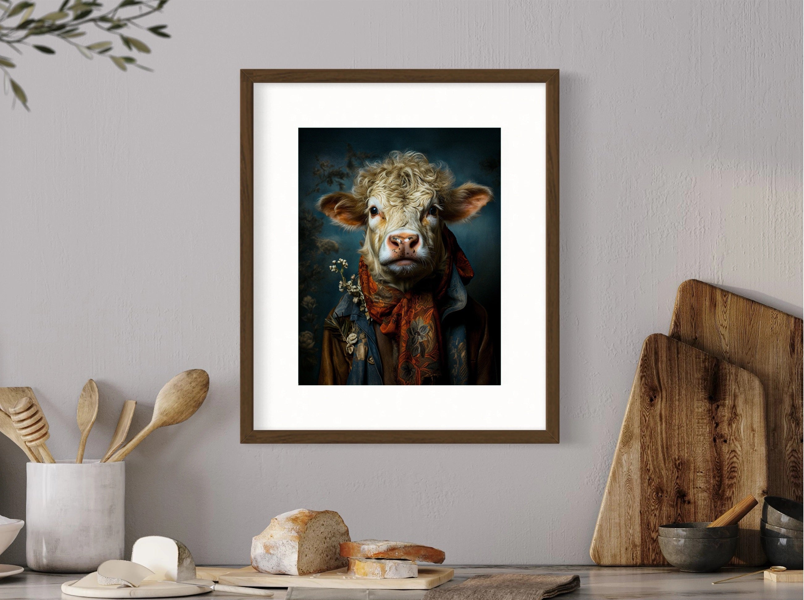 Rustic Cow in Elegant Attire Art Print Wall