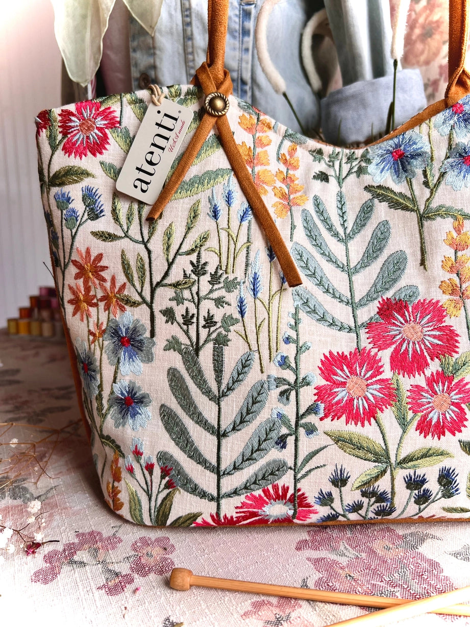 Wildflower Lolita, Atenti USA Handmade, Embroidered Floral Shoulder Bag and Pouch Set White