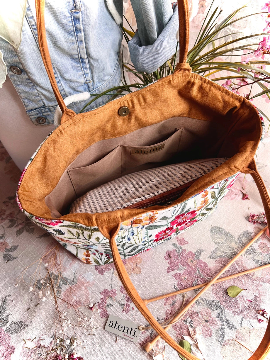 Wildflower Lolita, Atenti USA Handmade, Embroidered Floral Shoulder Bag and Pouch Set Striped Inside