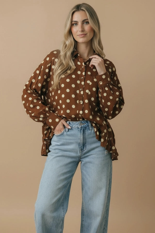 Collared Button Down Polka Dot Peplum Shirt