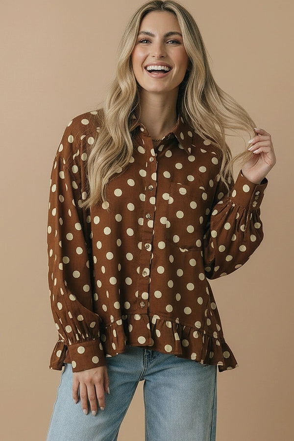 Collared Button Down Polka Dot Peplum Shirt 4