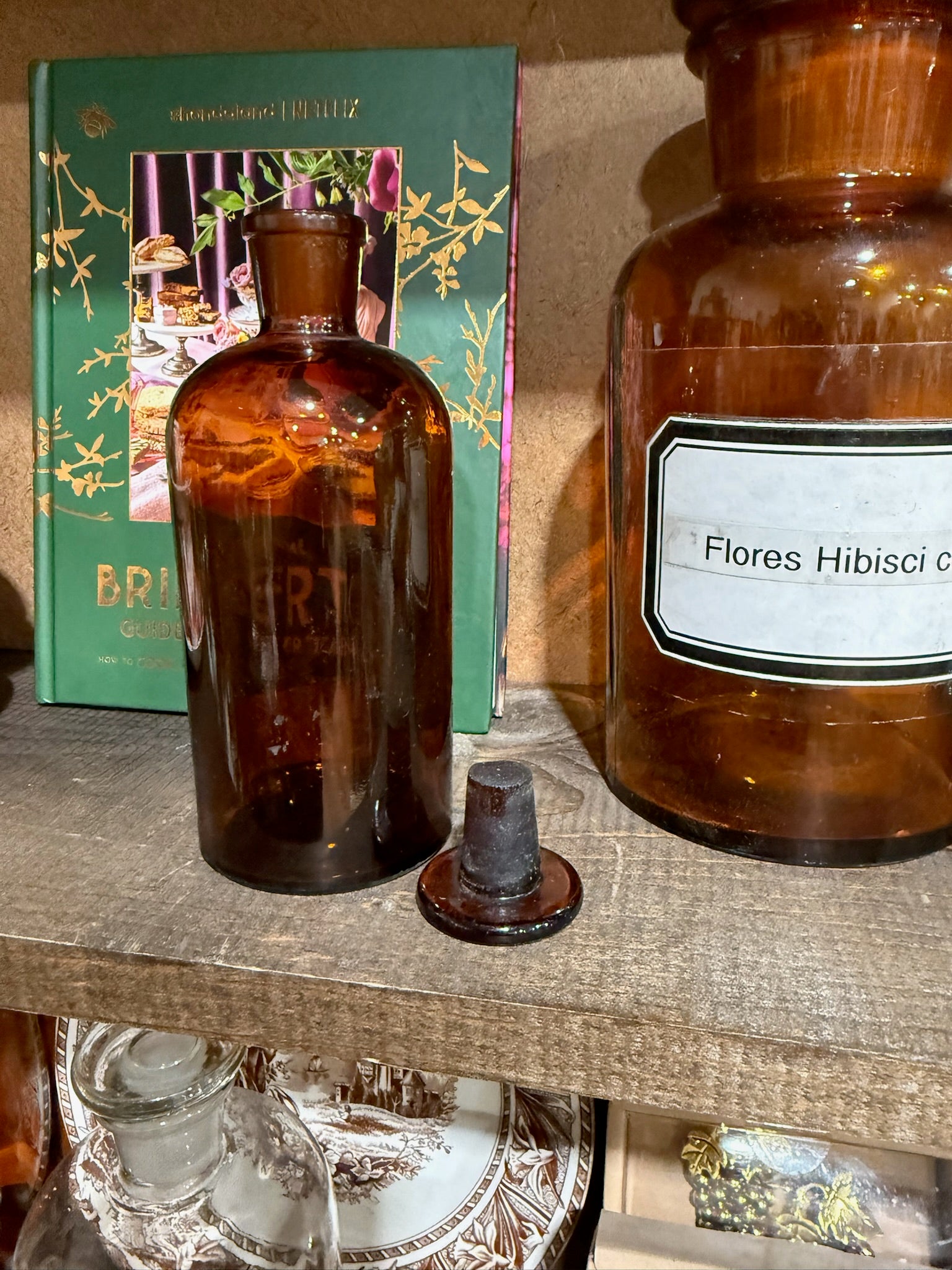 Medium Vintage Antique Brown Apothecary Jar with Glass Stopper