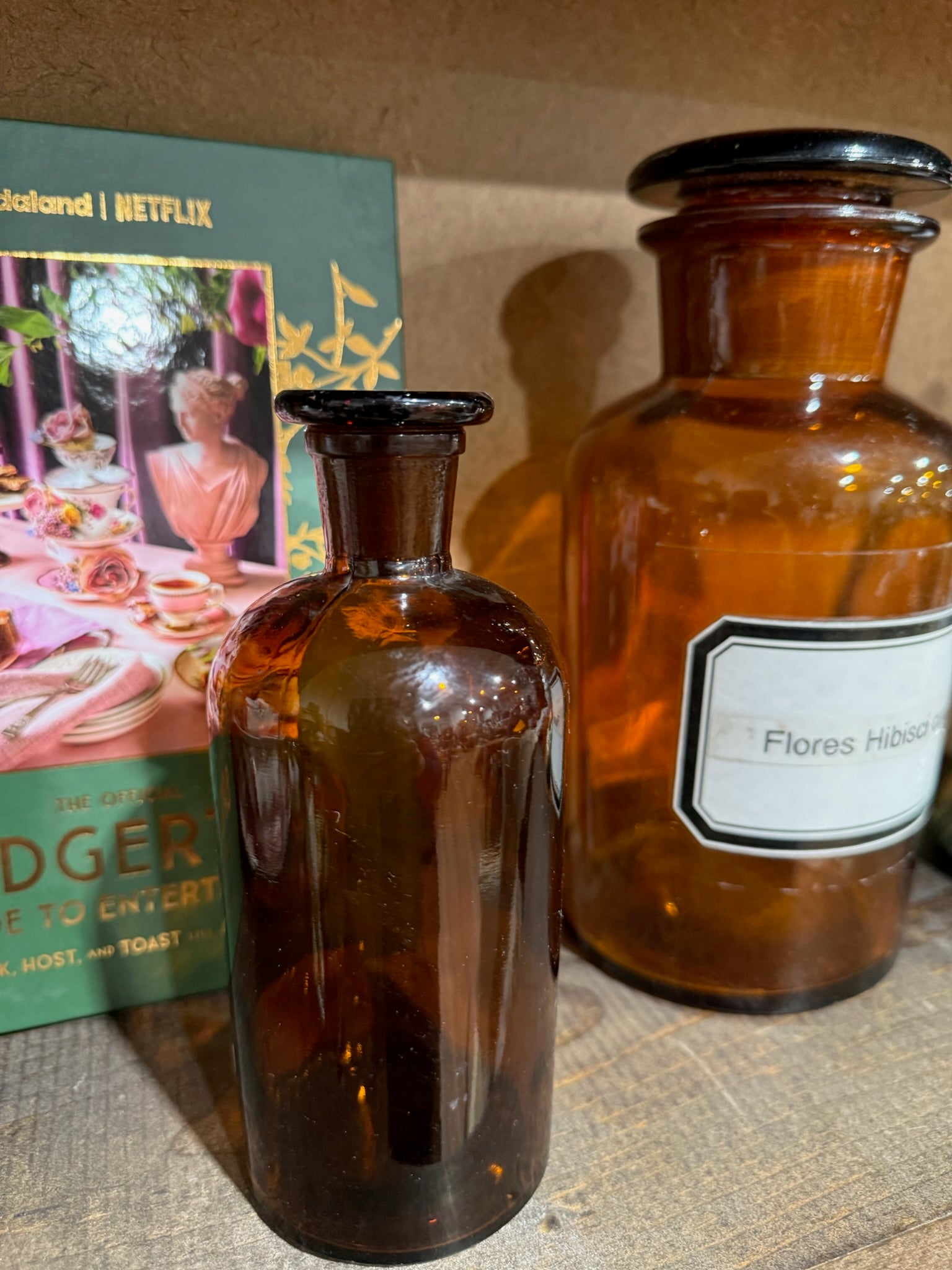 Medium Vintage Antique Brown Apothecary Jar with Glass Stopper