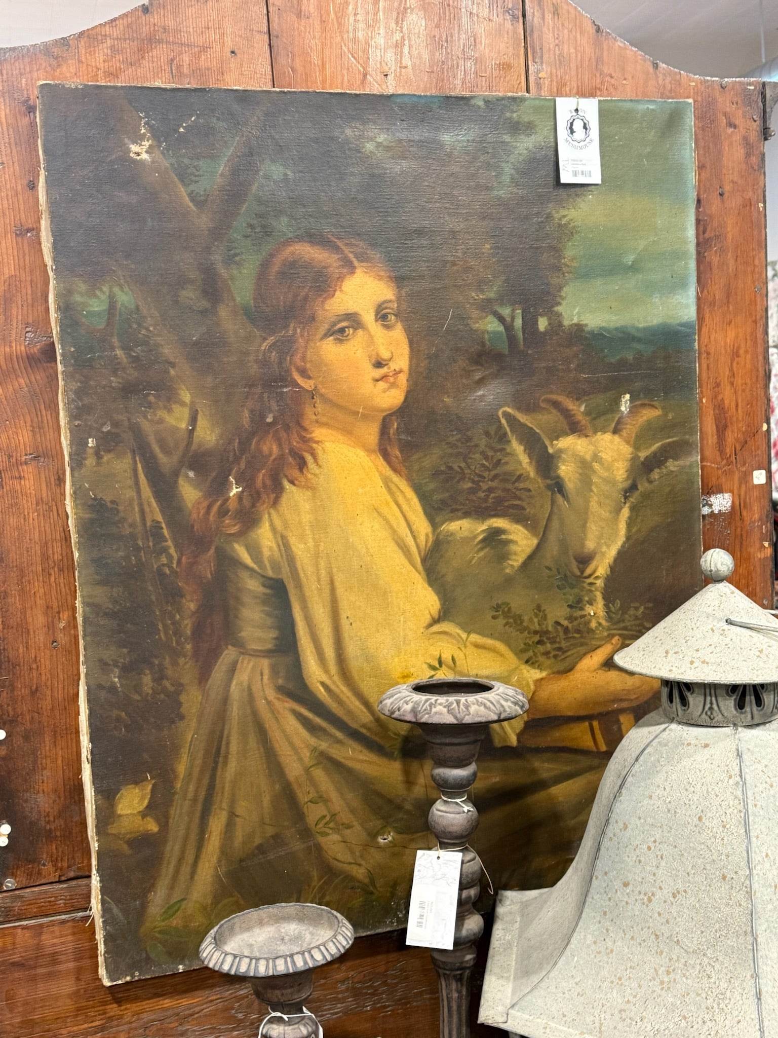 Antique American Oil Painting - Girl feeding pet goat