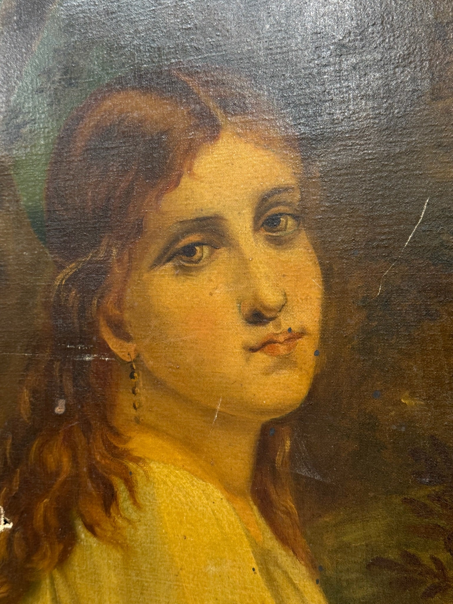 Antique American Oil Painting - Girl feeding pet goat