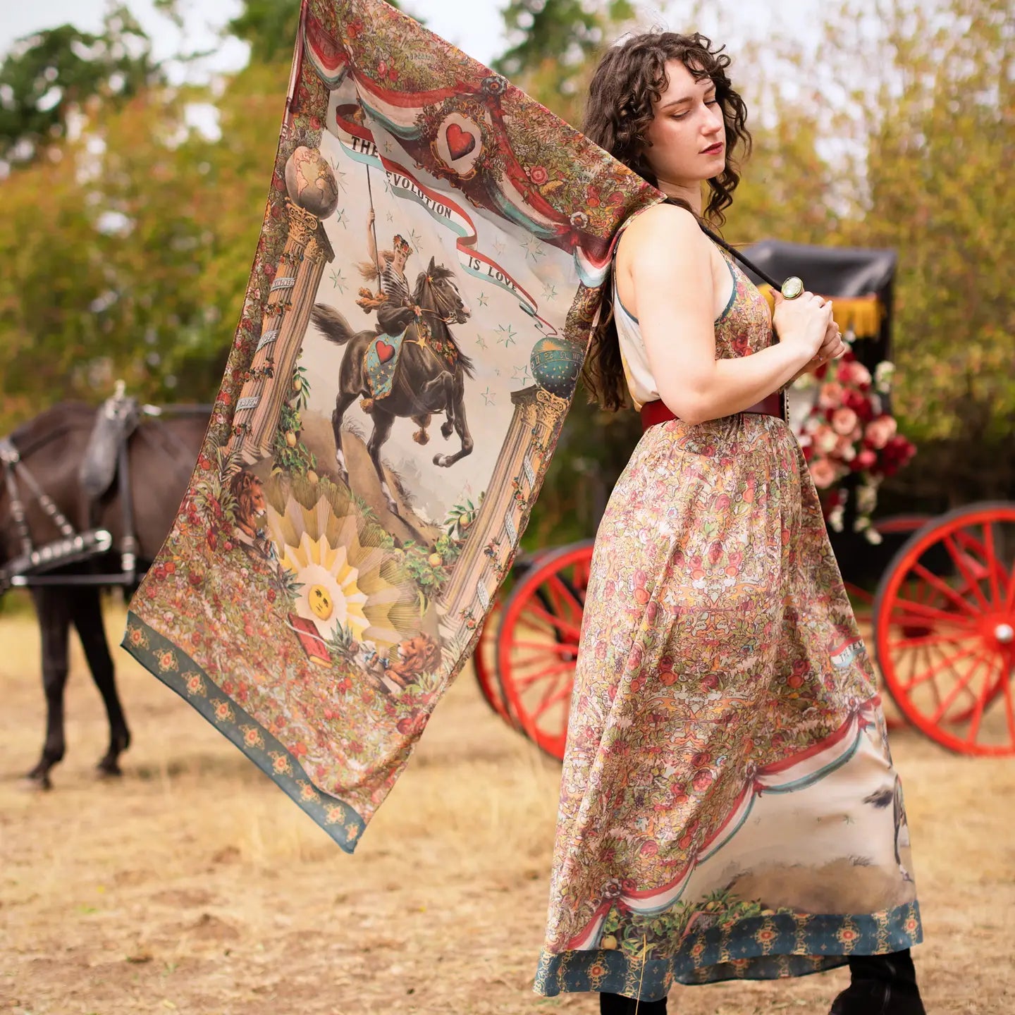 Love Revolution Bohemian Scarf with Sun, Horse, & Florals by Market of Stars