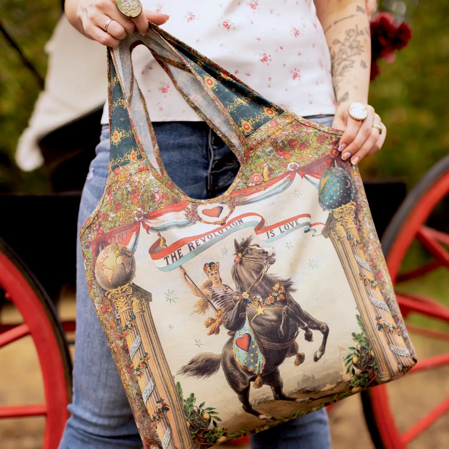 Love Revolution Boho Linen Tote Bag w/ Sun, Horse & Florals by Market of Stars