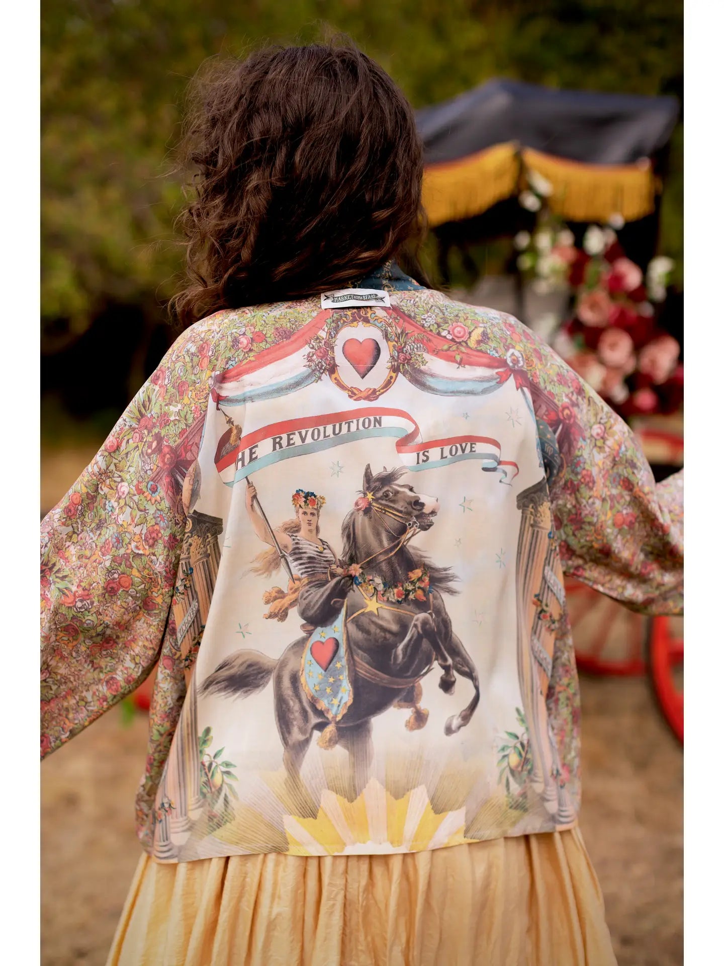 Love Revolution Pixie Crop Kimono w/ Sun, Horse & Florals by Market of Stars