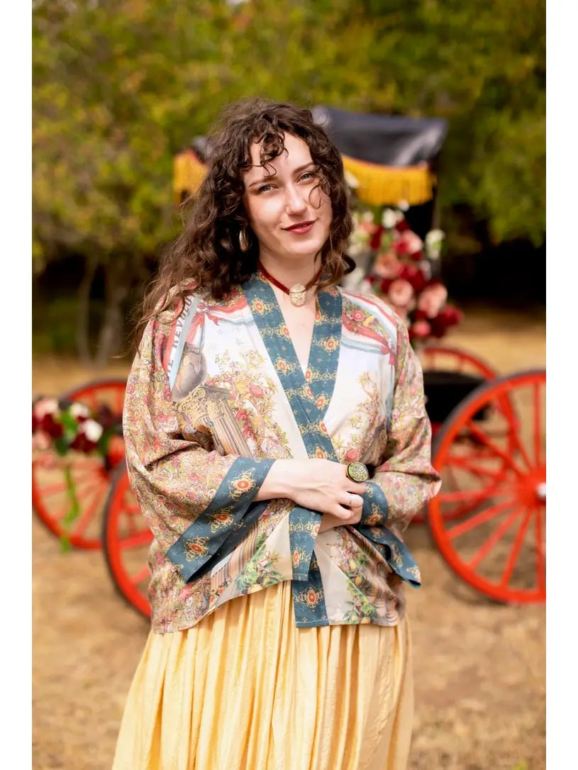 Love Revolution Pixie Crop Kimono w/ Sun, Horse & Florals by Market of Stars