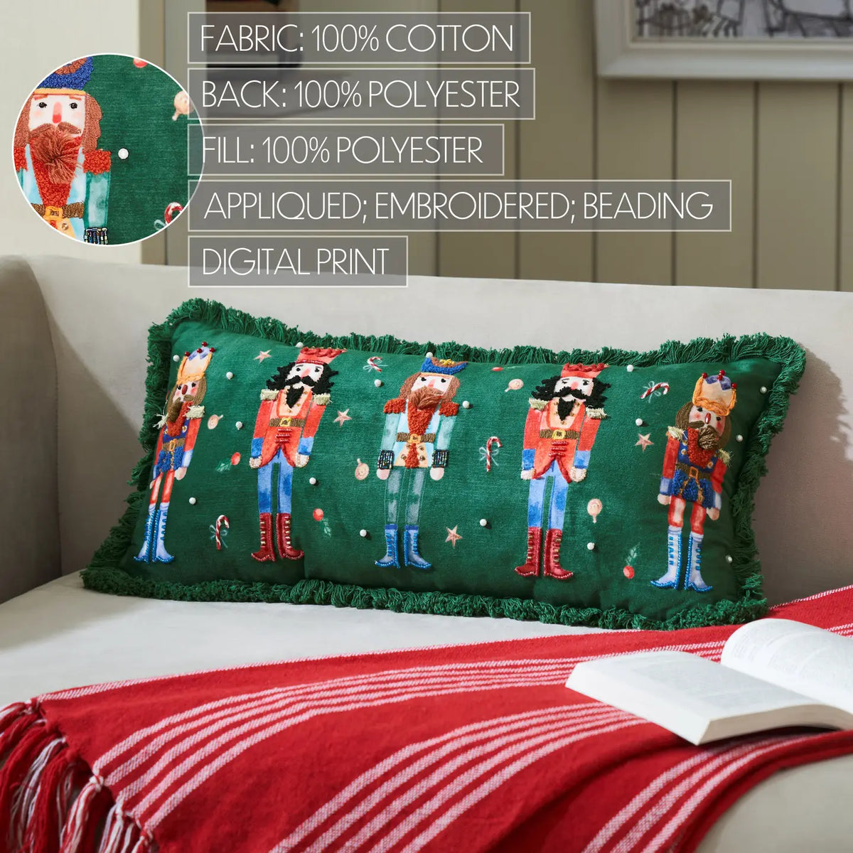 Nutcracker Green Fringed Pillow 5