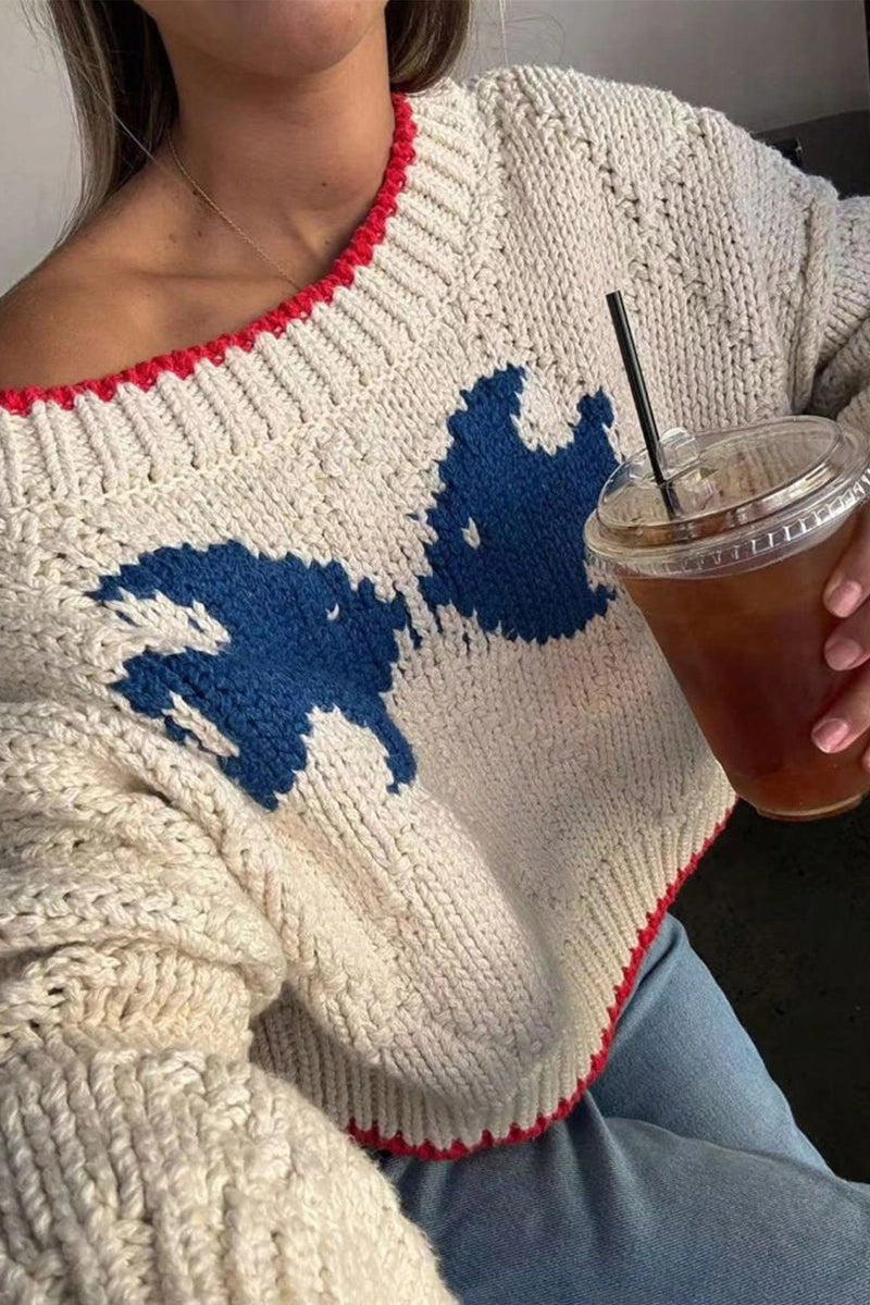 Oversized Knit Sweater with Red Trim