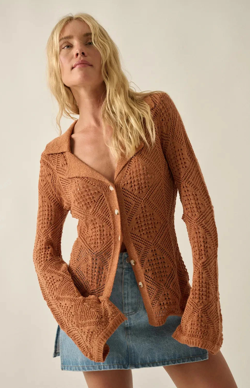 Sunburn Solid Geometric-Pointelle Bell-Sleeve Cardigan