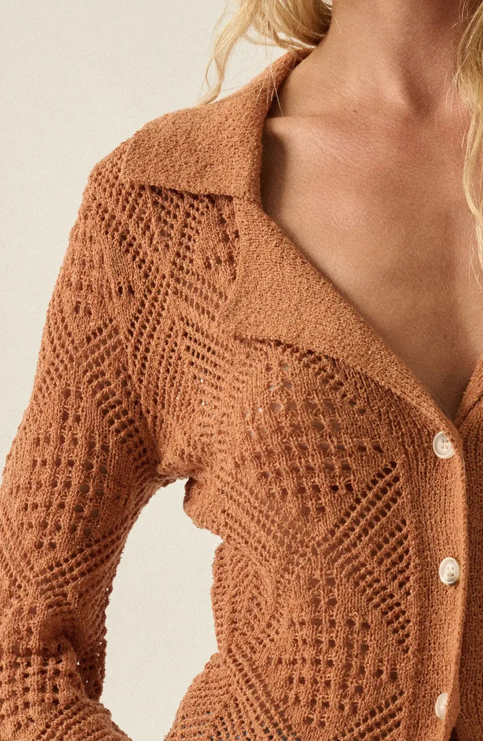 Sunburn Orange Solid Geometric-Pointelle Bell-Sleeve Cardigan