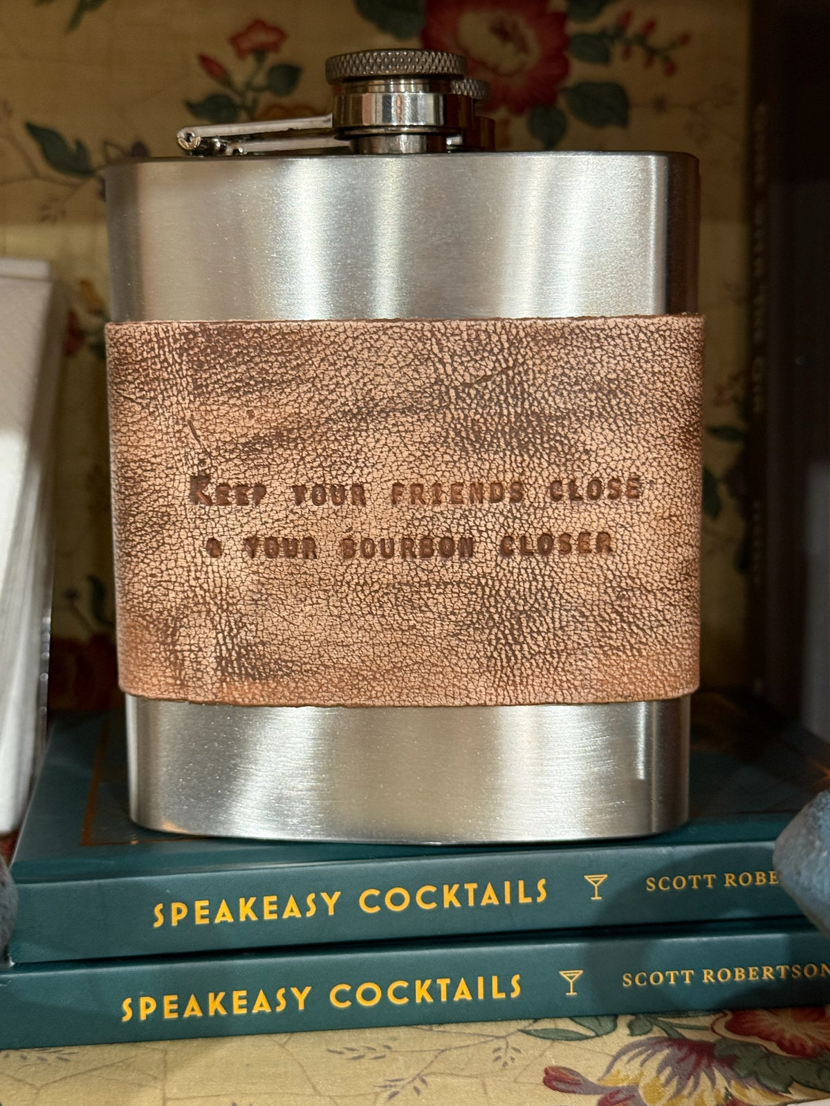 Stainless Steel and Brown Leather Flasks with Humorous Quotes