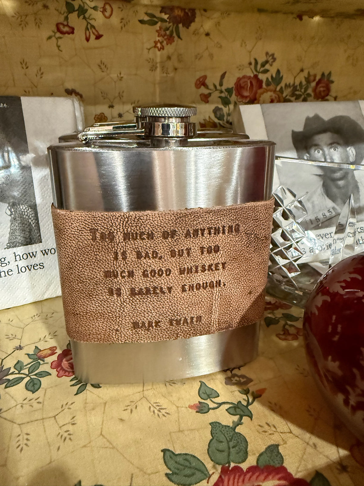 Stainless Steel and Brown Leather Flasks with Humorous Quotes 3