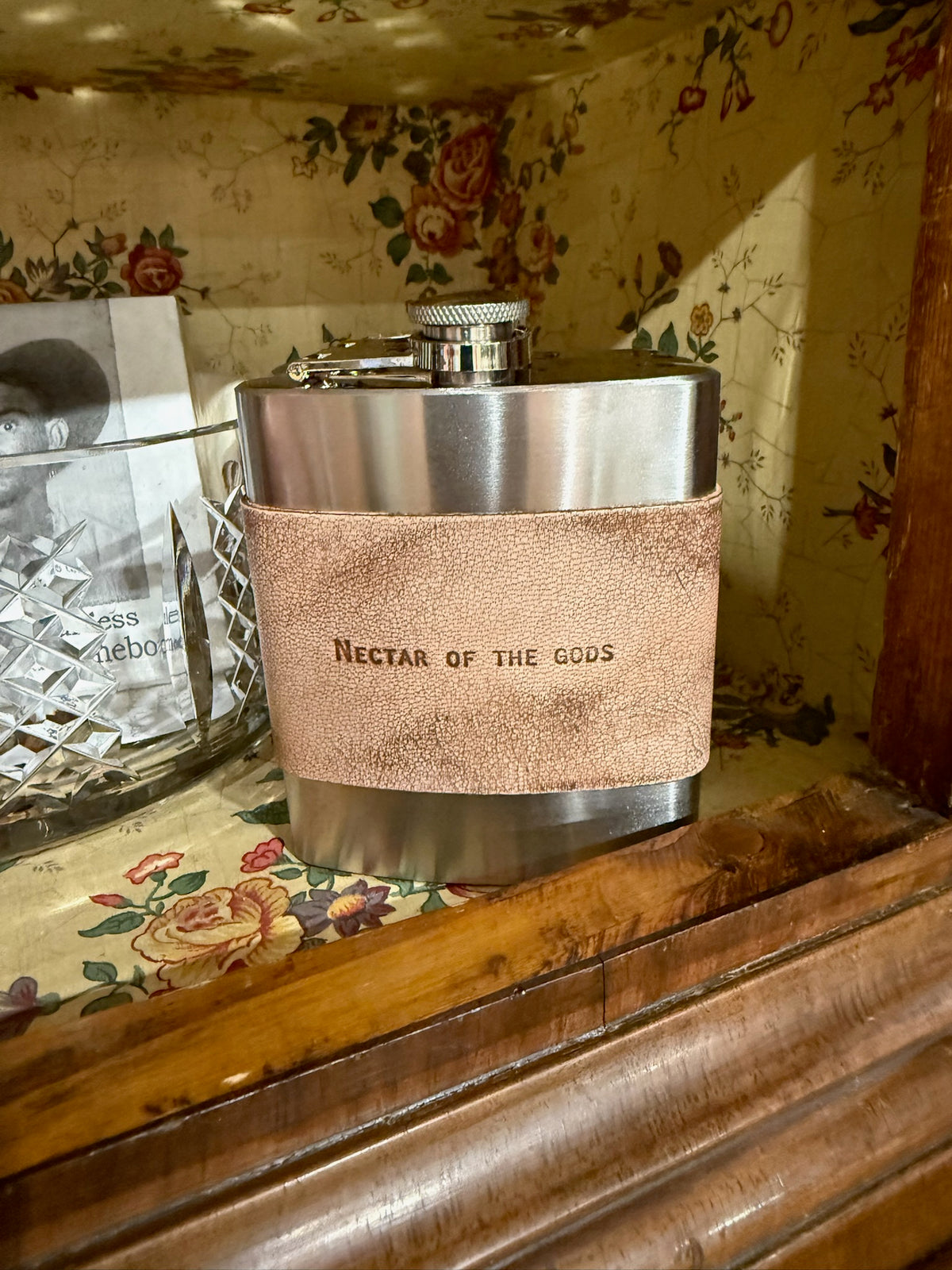 Stainless Steel and Brown Leather Flasks with Humorous Quotes 4