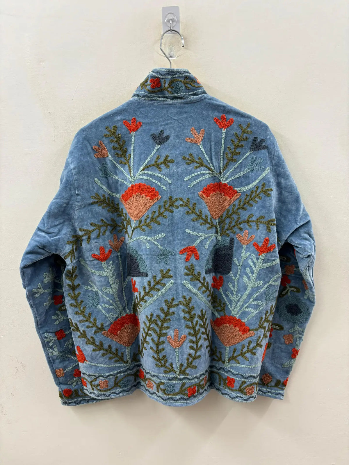 Washed Slate Blue Suzani Embroidered Velvet Jacket