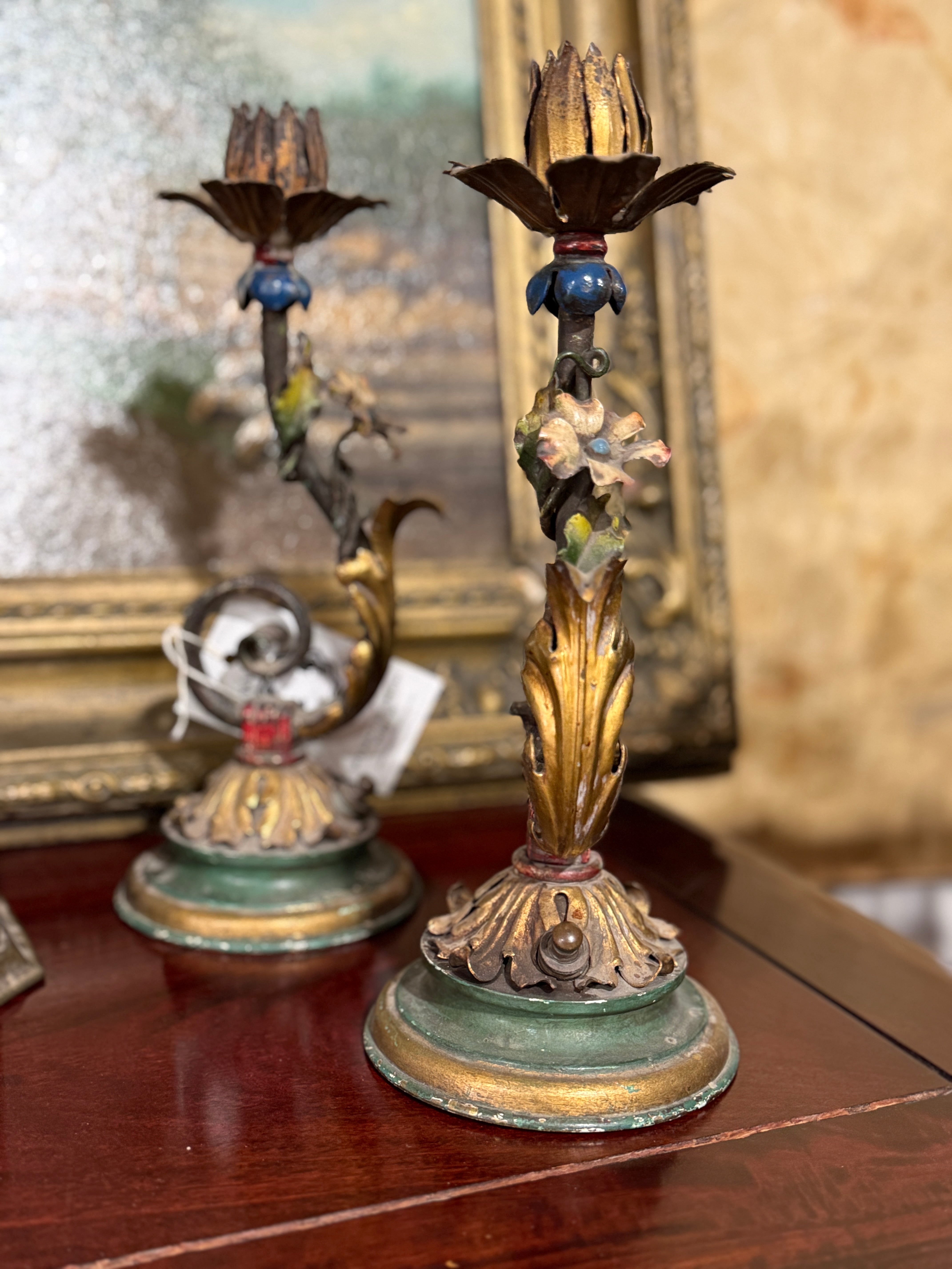 Vintage Tole Flower Candlesticks