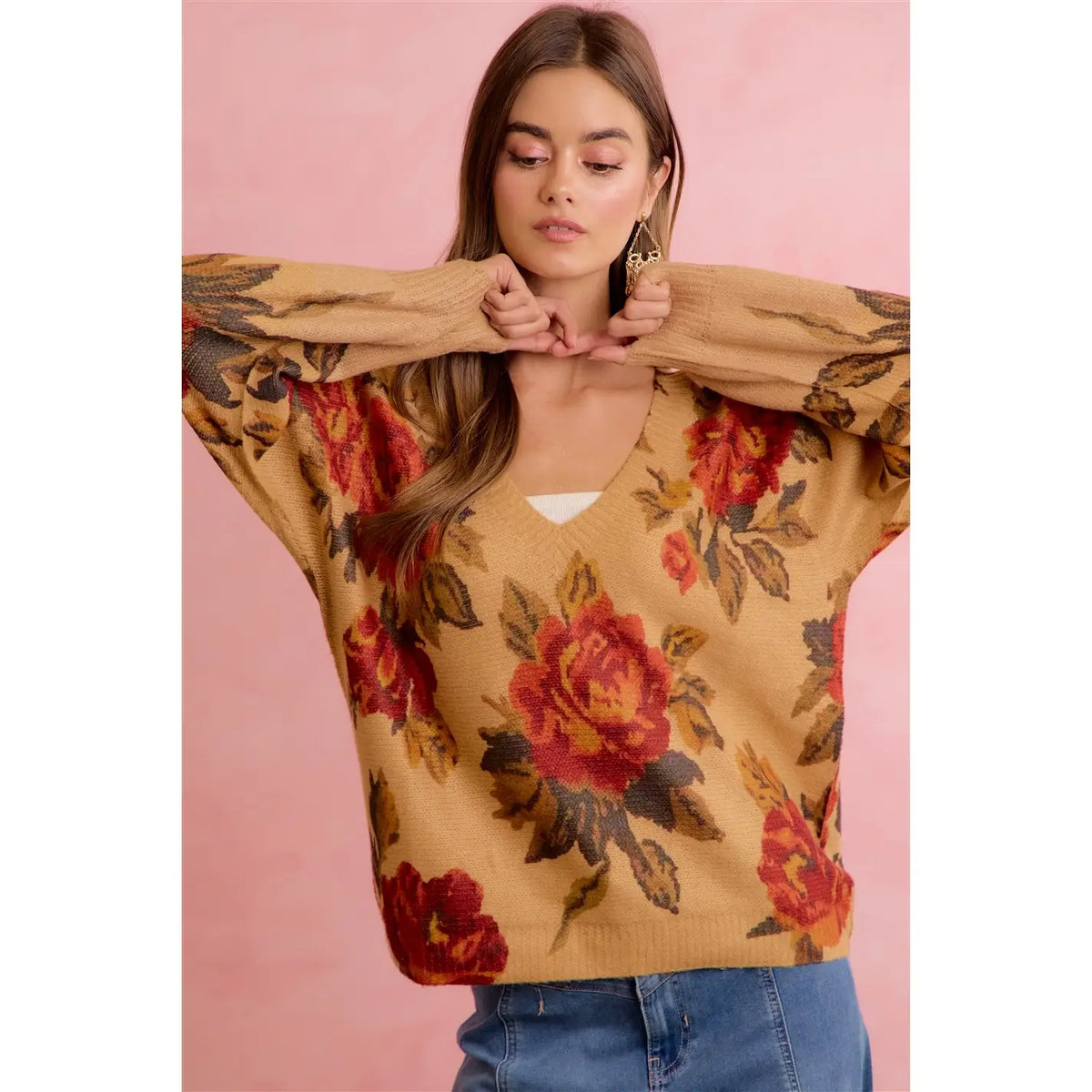 Women's Vintage Rose Floral V-Neck Relaxed Knit Sweater