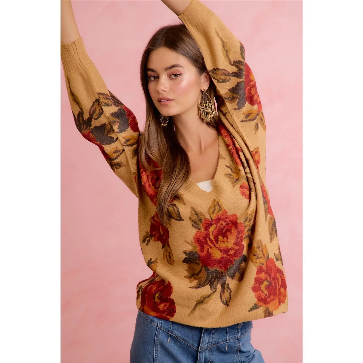 Women's Vintage Rose Floral V-Neck Relaxed Knit Sweater 2