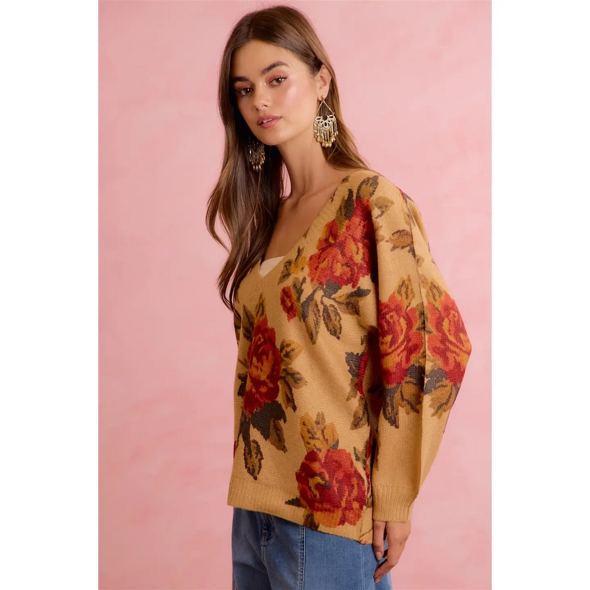 Women's Vintage Rose Floral V-Neck Relaxed Knit Sweater 3