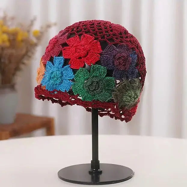 Colorful 3D Vintage Hollow-Out Boho Floral Crochet Beanie