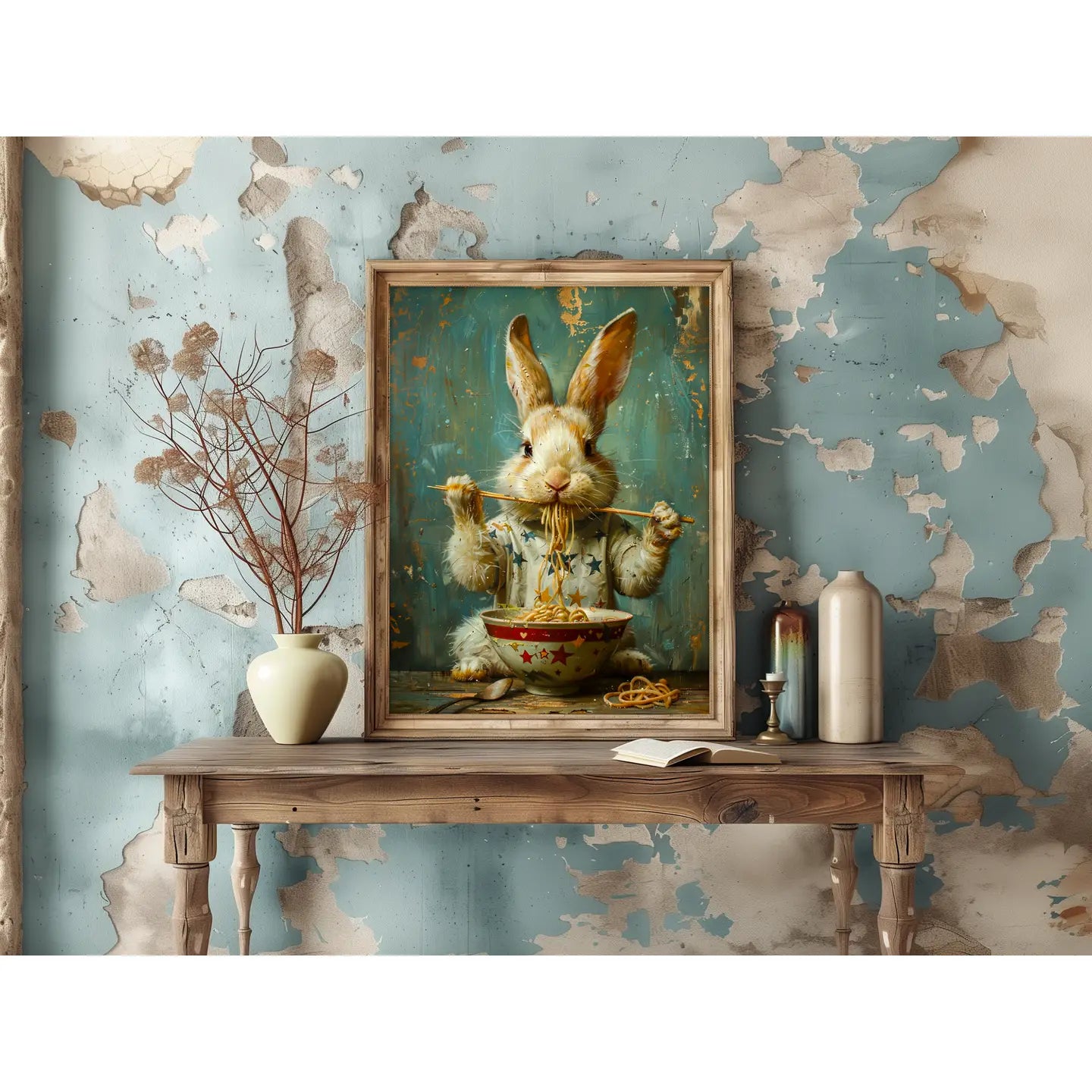 framed poster of rabbit eating ramen noodles