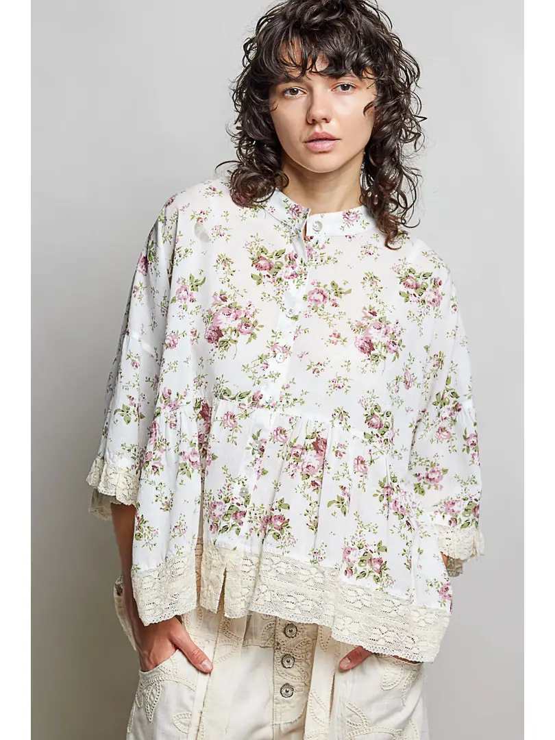 Lightweight Flowy Button Down Lace Trim Band Blouse