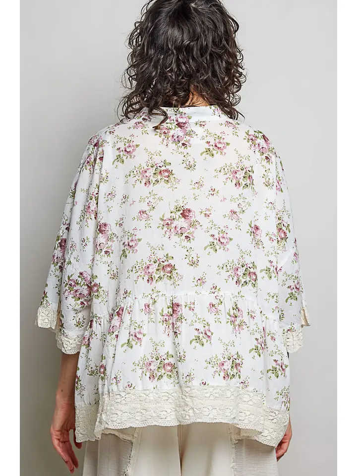 Lightweight Flowy Button Down Lace Trim Band Blouse