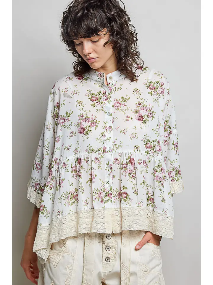 Lightweight Flowy Button Down Lace Trim Band Blouse