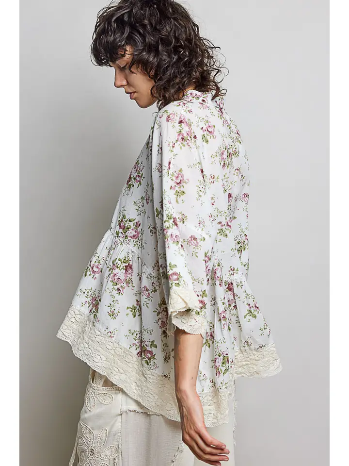 Lightweight Flowy Button Down Lace Trim Band Blouse